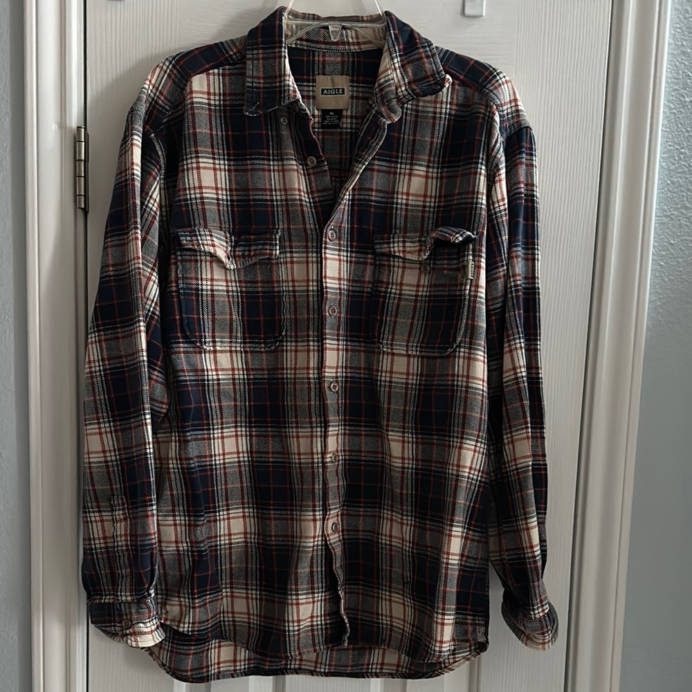 Aigle Button Down 100% Cotton Flannel Navy Orange Tan Plaid Outdoors Men’s XL